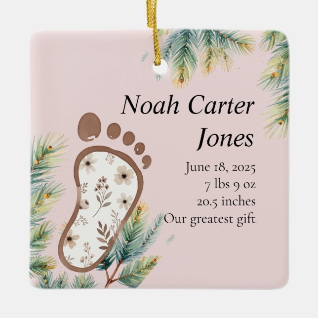 Botanical Footprint Blush Pink First Christmas Ceramic Ornament (Front)