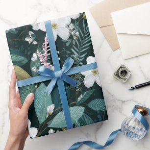 Botanical Forest Leaf White Floral Pattern Wrapping Paper