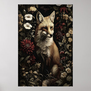 Botanical Fox Print, Antique Dark Academia Gothic Poster