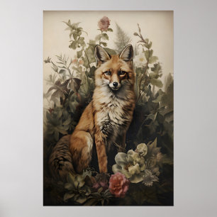 Botanical Fox Print, Dark Academia Forest (Digital Poster