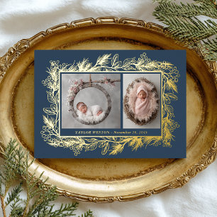 Botanical Frame Blue Winter Foliage New Baby Foil Holiday Card