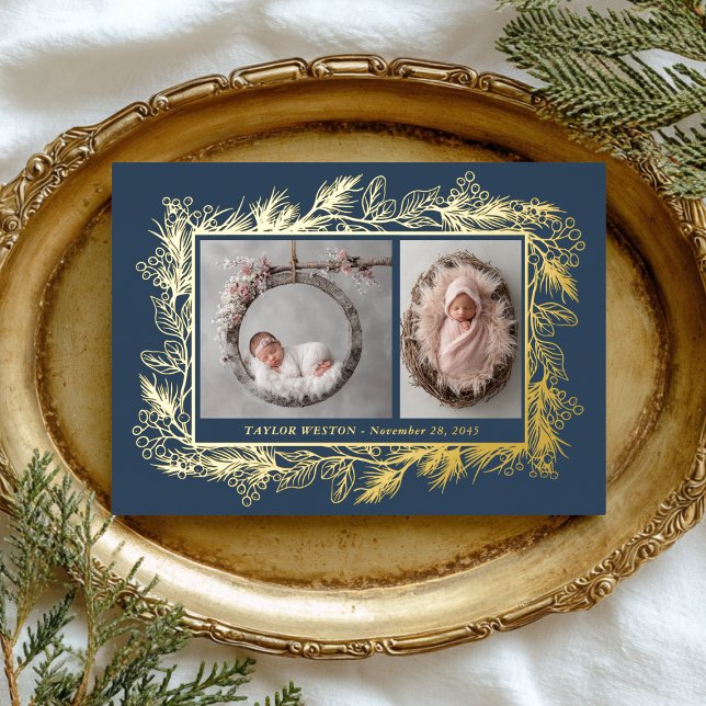 Botanical Frame Blue Winter Foliage New Baby Foil Holiday Card (Creator Uploaded)