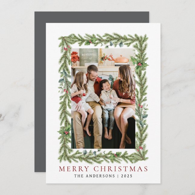 Botanical Frame Christmas | Elegant Family 1 Photo Holiday Card (Front/Back)