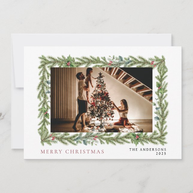 Botanical Frame Christmas | Elegant Family 1 Photo Holiday Card (Front)