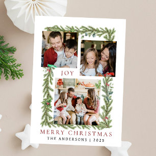 Botanical Frame Christmas Elegant Family 3 Photo Holiday Card