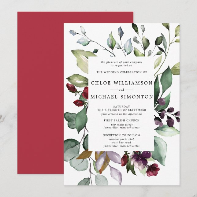 Botanical Frame Hint of Autumn Foliage Wedding Invitation (Front/Back)