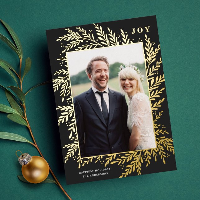 Botanical Frame Holiday Photo Black Gold Foil Card (Creator Uploaded)