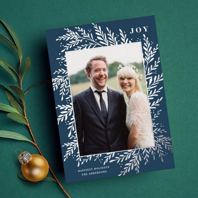 Botanical Frame Holiday Photo Silver Foil Card (Creator Uploaded)