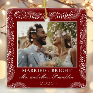 botanical frame photo 1st Christmas Married Ceramic Ornament
