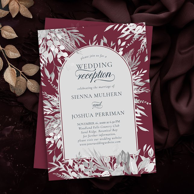 Botanical Framed Arch Burgundy Wedding Reception Invitation (Wedding Reception invitation in Burgundy and Grey from the Foliage Duet Collection by Darling & May)