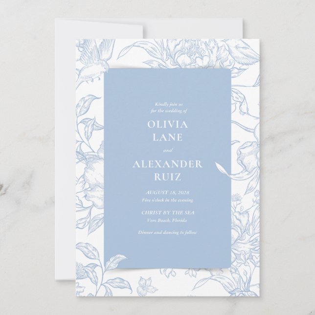 Botanical French Blue Floral Wedding Invitation (Front)