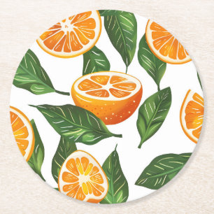 Botanical Fruit Orange Citrus Seamless Round Paper Coaster
