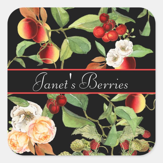 Botanical Fruits and Berries on Black Square Sticker (Front)