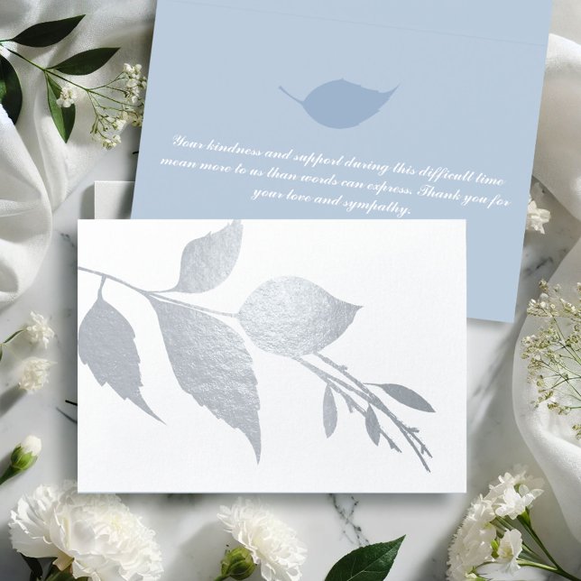 Botanical Funeral Thank You Card (Funeral thank you cards silver foil leaves personalized inside.)