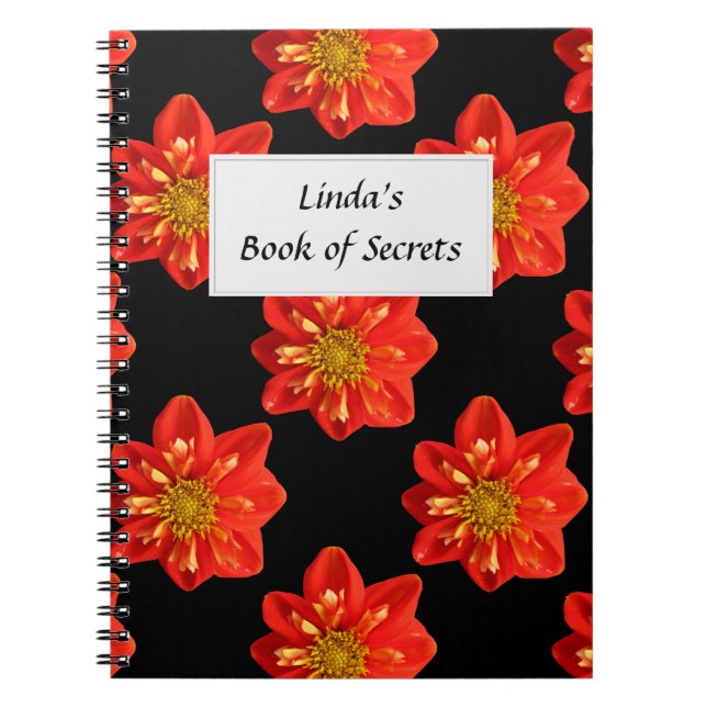 Botanical Garden Orange Dahlia Flower Text Label Notebook (Front)