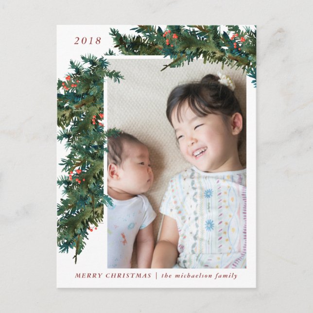 Botanical Garland with Winter Berries Photo Holiday Postcard (Front)