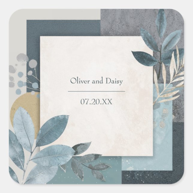 Botanical Geometric Blue and Gold Wedding Square Sticker (Front)