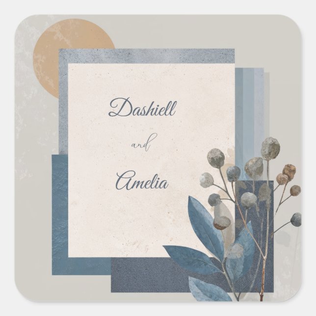 Botanical Geometric Blue Earth Tones Wedding  Square Sticker (Front)