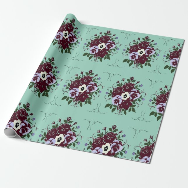 Botanical Gift Wrap Violet Rose Bouquet (Unrolled)