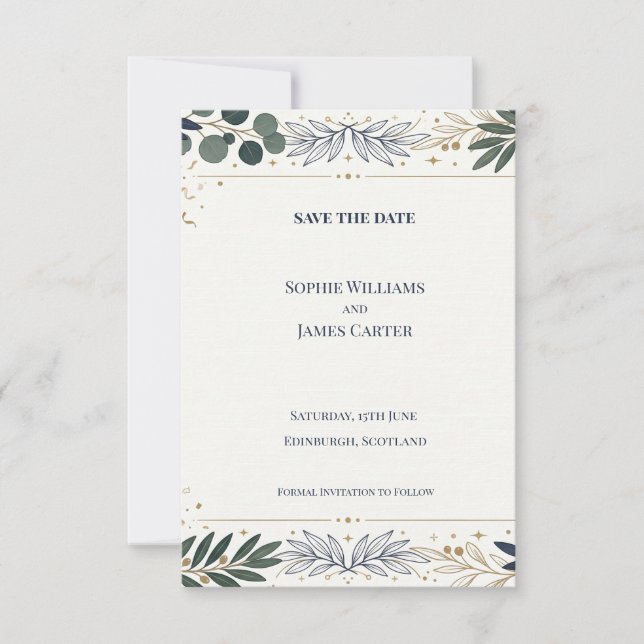 Botanical Gold Border Save The Date Card (Front)