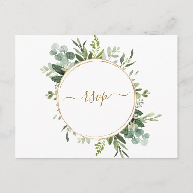 Botanical Gold Circle Wreath Wedding RSVP Invitation Postcard (Front)
