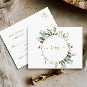 Botanical Gold Circle Wreath Wedding RSVP Invitation Postcard