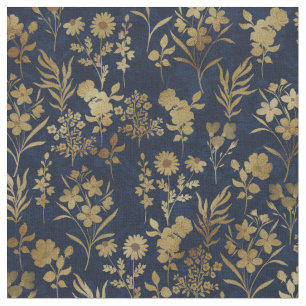 Botanical Gold Flowers Blue Pattern Fabric
