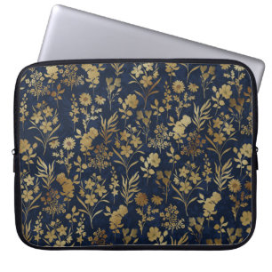 Botanical Gold Flowers Blue Pattern Laptop Sleeve