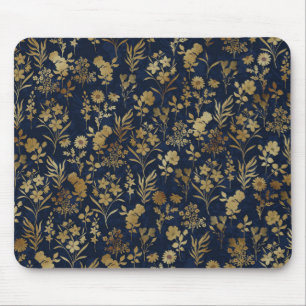 Botanical Gold Flowers Blue Pattern Mouse Mat