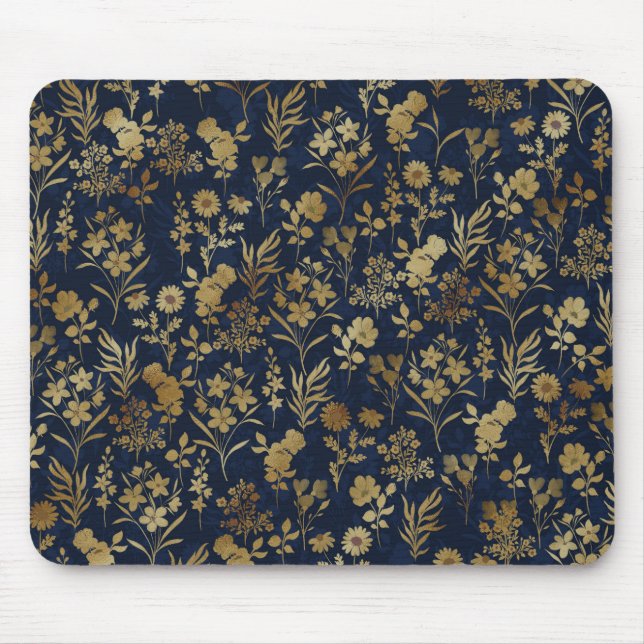 Botanical Gold Flowers Blue Pattern Mouse Mat (Front)