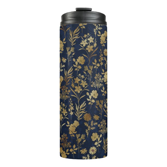 Botanical Gold Flowers Blue Pattern Thermal Tumbler (Front)