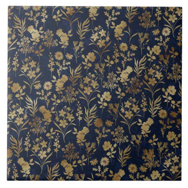Botanical Gold Flowers Blue Pattern Tile (Front)