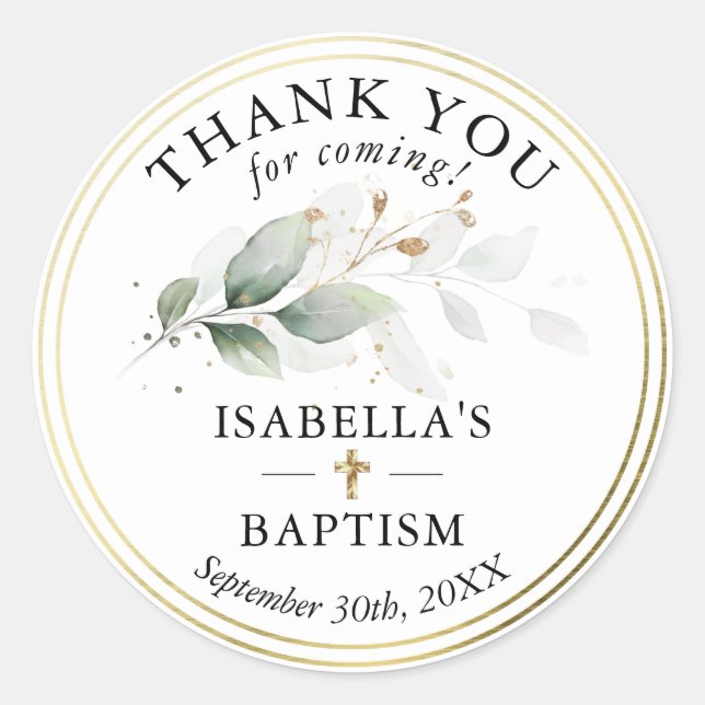 Botanical Gold Girl Christening Baptism Thank You  Classic Round Sticker (Front)