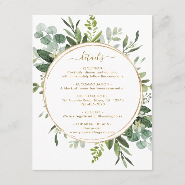 Botanical Gold Green Circle Frame Wedding Details Enclosure Card (Front)