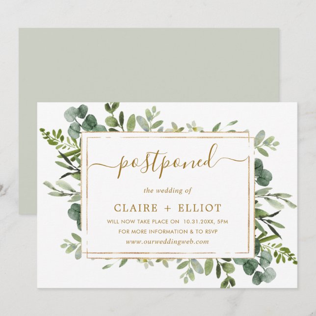 Botanical Gold & Green Postponed Wedding Invitation (Front/Back)