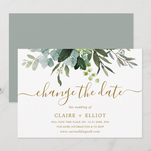 Botanical Gold & Green Wedding Change the Date Invitation (Front/Back)