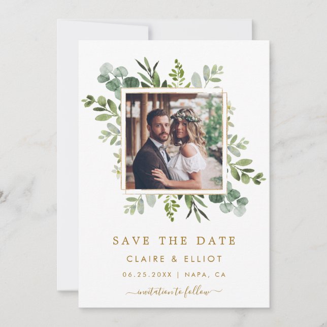 Botanical Gold Green Wedding Photo Save the Date (Front)