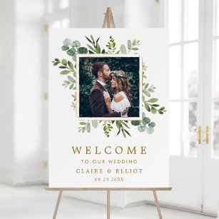 Botanical Gold Green Wreath Photo Wedding Welcome  Poster
