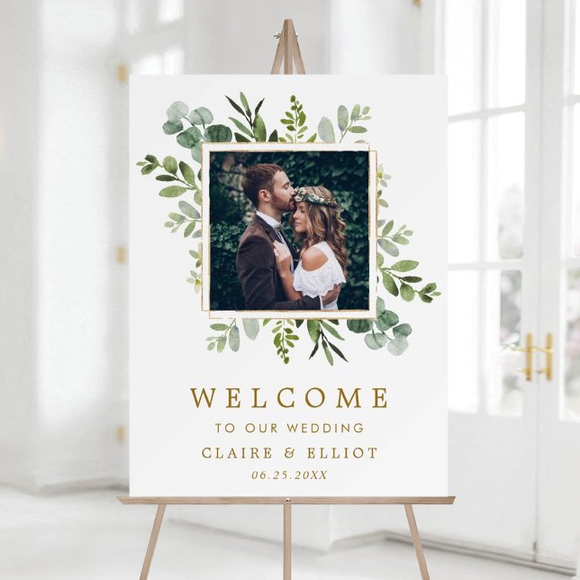 Botanical Gold Green Wreath Photo Wedding Welcome  Poster (Creator Uploaded)