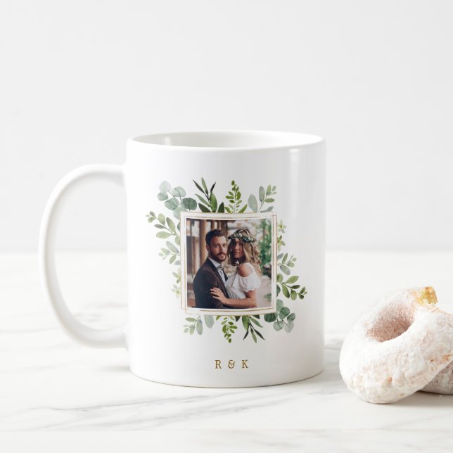 Botanical Gold Green Wreath Wedding 2 Photo Coffee Mug (With Donut)