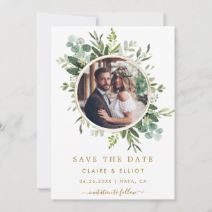 Botanical Gold Green Wreath Wedding Photo Save The Date