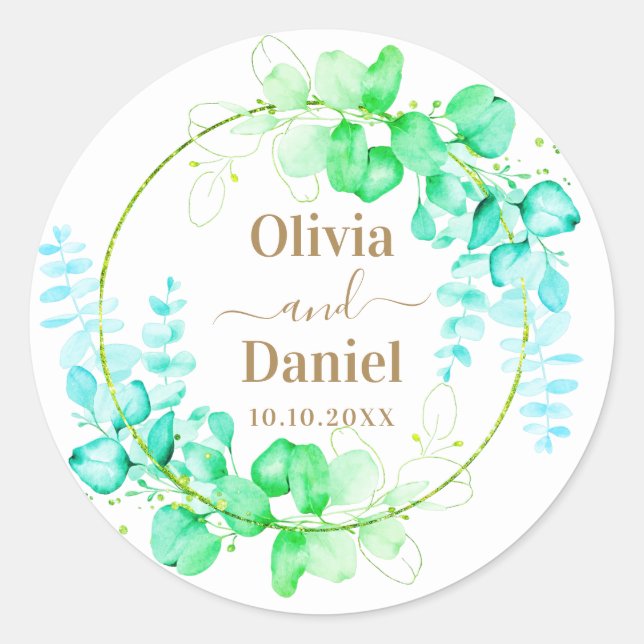 Botanical Gold Greenery Personalise For Wedding Classic Round Sticker (Front)