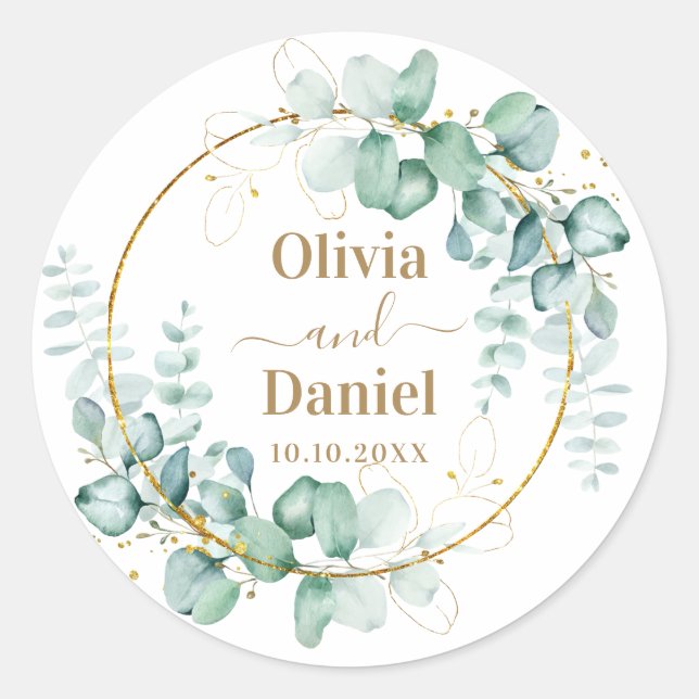 Botanical Gold Greenery Personalise For Wedding Classic Round Sticker (Front)