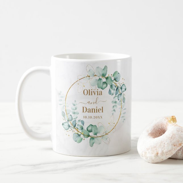 Botanical Gold Greenery Personalise For Wedding Coffee Mug (With Donut)