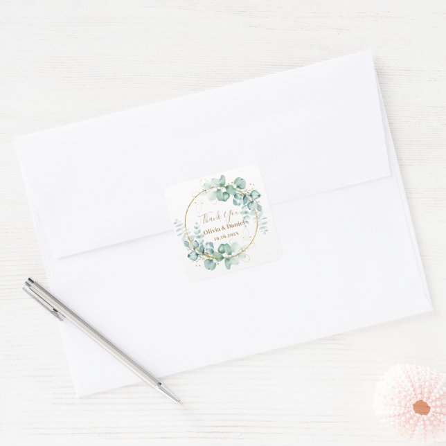 Botanical Gold Greenery Personalise For Wedding Square Sticker (Envelope)