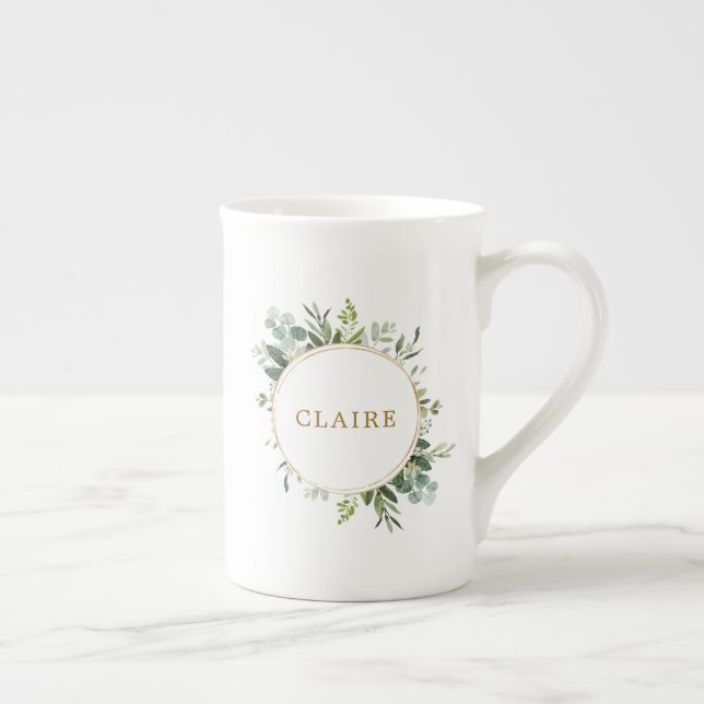 Botanical Gold Greenery Personalised Bone China Mug (Right)