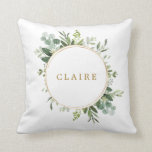 Botanical Gold Greenery Personalised Cushion<br><div class="desc">This personalised throw pillow features painted watercolor eucalyptus greenery,  green leaves with a gold circle frame. For more advanced customisation of this design,  Please click the "Customise further" link.  Matching items are also available.</div>