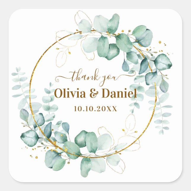 Botanical Gold Greenery Personalised Thank You Square Sticker (Front)