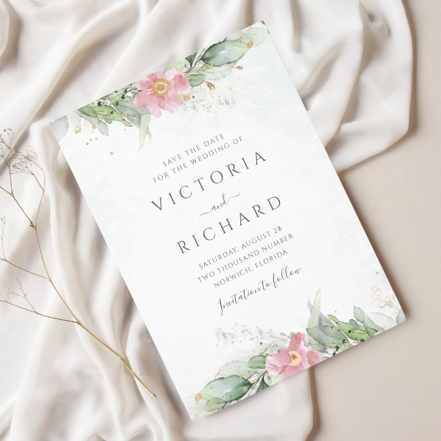 Botanical Gold Greenery Pink Floral Wedding Save The Date (Creator Uploaded)
