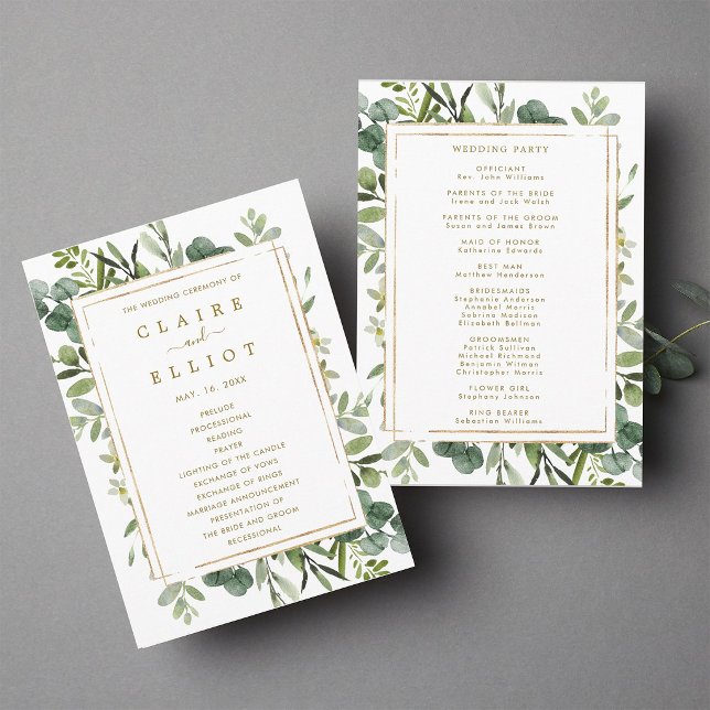 Botanical Gold Greenery Wedding Ceremony Program Programme (Front & Back)